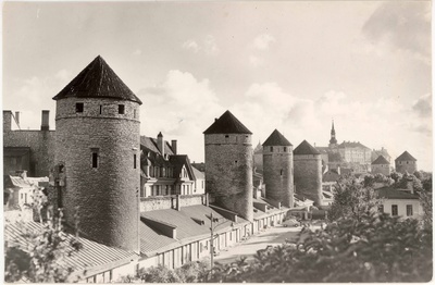 All-city. View of the n towers near the Laboratory Street. Left: Grusbekeke, Eppingi, Plate, Köismäe, Goldjala and Loewenschede tower. On the right side of the Stenbock house and Toomkirik Tower  similar photo