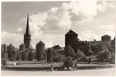 All-city. View from W to the towers near the Laboratory Street. Right: Nunnade back, Loewenschede, Köismäe, Oleviste Church and Plate Tower and the top of Epping tower. Monument on the left park  duplicate photo