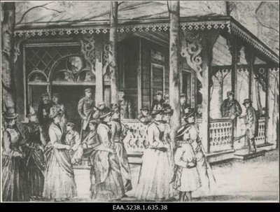 Tartu vaade, esiplaanil kõndimas tänaval grupp naisi, taustal ühe baltisaksa korporatsiooni liikmed, repro Julius Rudolf von zur Mühleni litograafiast (1885)  duplicate photo