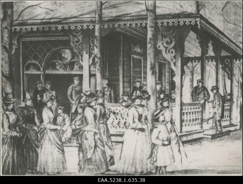 Tartu vaade, esiplaanil kõndimas tänaval grupp naisi, taustal ühe baltisaksa korporatsiooni liikmed, repro Julius Rudolf von zur Mühleni litograafiast (1885)