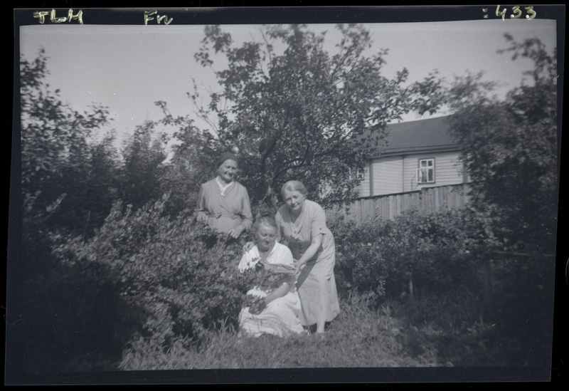 Grupipilt: kolm naist aias marjapõõsaste kõrval