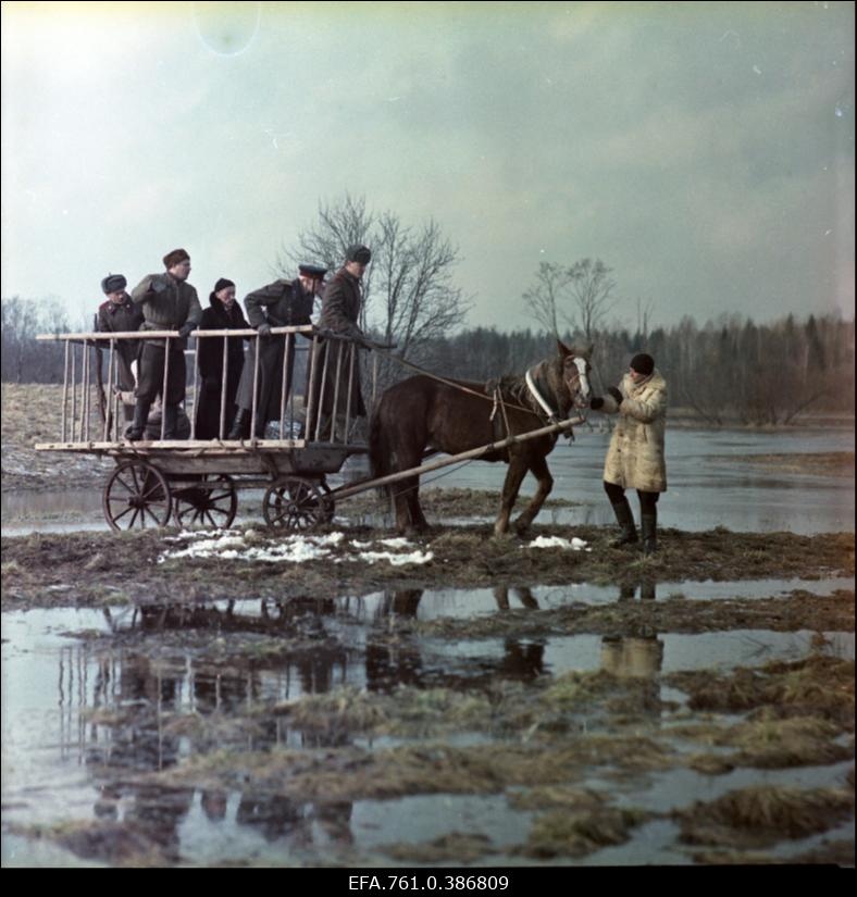 Filmi "Äratus" filmimine. Küüdivanker kevadisel põhjatul põlluteel.