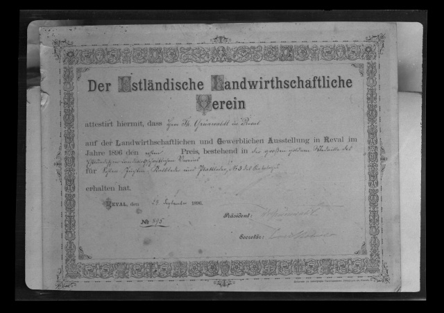 Põllumajanduskorporatsiooni poolt Th. W. Grünwaldt'ile omistatud tegevusluba/tunnistus