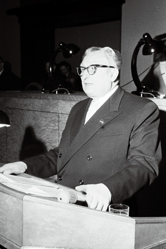 Eesti NSV rahandusminister A. Tihane kõneleb Eesti NSV Ülemnõukogu viienda koosseisu neljandal istungjärgul.