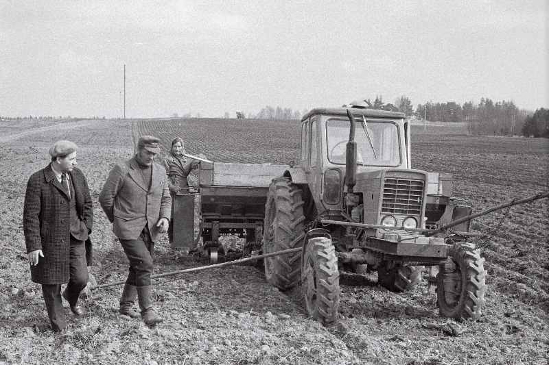 Kirovi-nimelise kolhoosi traktorist Hennu Tatrik (paremal) koos abitöölise Amalie Kiviga kartuleid maha panemas.