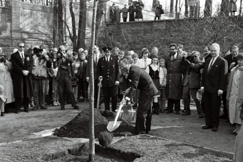 Eestisse külaskäigule saabunud Rootsi kuningas Carl XVI Gustaf istutab Kadrioru lossi aeda tamme. Esireas paremalt 2. Eesti Vabariigi Ülemnõukogu  esimees Arnold Rüütel.