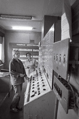 Keila Teraviljasaaduste Eksperimentaalkombinaadi elevaatori dispetšer Ljubov Sõrina (vasakul) ja vanemmeister Kai Tsaturjan jälgivad töötsüklit juhtpuldist.  similar photo