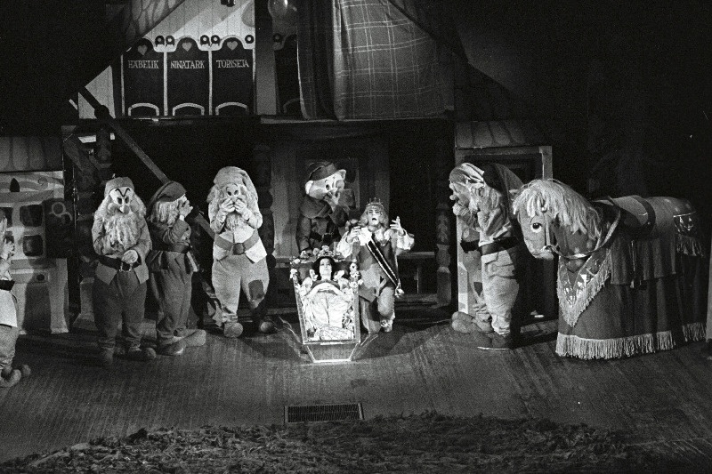 Stseen vendade Grimmide muinasjutu "Lumivalgeke ja seitse pöialpoissi" samanimelisest dramatiseeringust Eesti NSV Riiklikus Noorsooteatris. Lumivalgeke - Ene Järvis, Prints - Jüri Aarma.