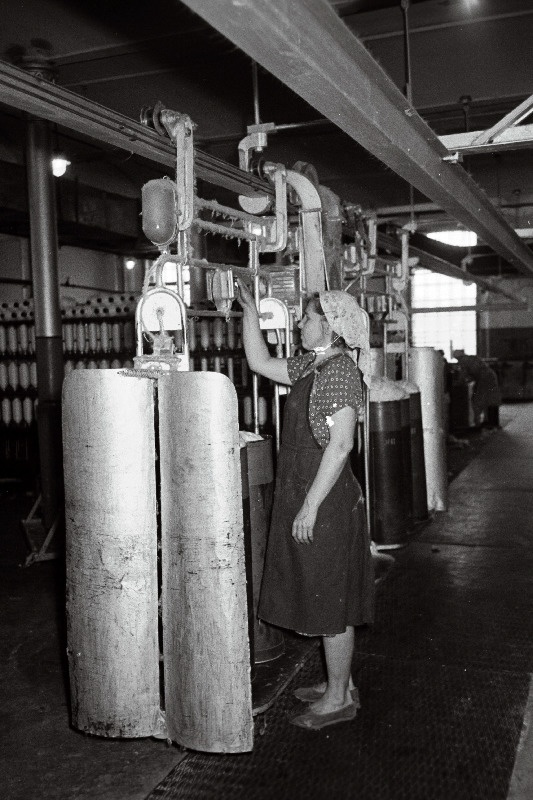 Kreenholmi Manufaktuuri Joala vabriku ettevalmistustsehhi tööline T. Krasnova tsehhis hiljuti tegevusse rakendatud elektrivedurit käivitamas.