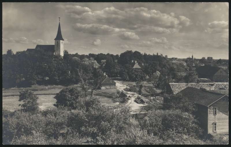 fotopostkaart, Suure-Jaani khk, Suure-Jaani, järv, kirik, elektrijaama ehitamine, u 1931, foto O Mägi