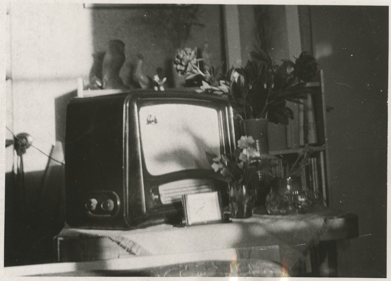 Sätitud kompositsioon: lauakese peal raadio iluasjadega, raadio kõrval vaasid lilledega