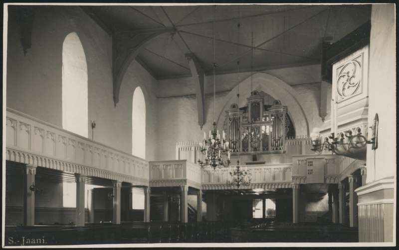 fotopostkaart, Suure-Jaani khk, Suure-Jaani kirik, sisevaade, orel, 1939, foto J. Gregor (Olustvere)