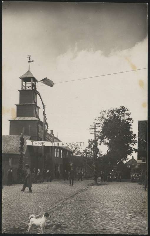 fotopostkaart, Suure-Jaani khk, Suure-Jaani, Pärnu tänav, tuletõrje ühingu hoone, 25.08.1929, foto O. Mägi