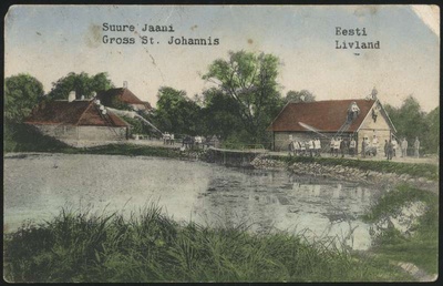 trükipilt, Suure-Jaani khk, Suure-Jaani, järv, veski, tuletõrjeõppused, koloreeritud, u 1915  duplicate photo