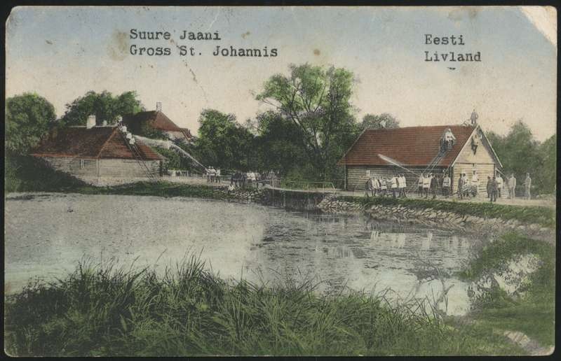 trükipilt, Suure-Jaani khk, Suure-Jaani, järv, veski, tuletõrjeõppused, koloreeritud, u 1915