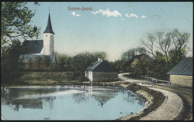 trükipostkaart, Suure-Jaani khk, Suure-Jaani, järv, kirik, koloreeritud, u 1910, J. Litteri kirjastus  duplicate photo