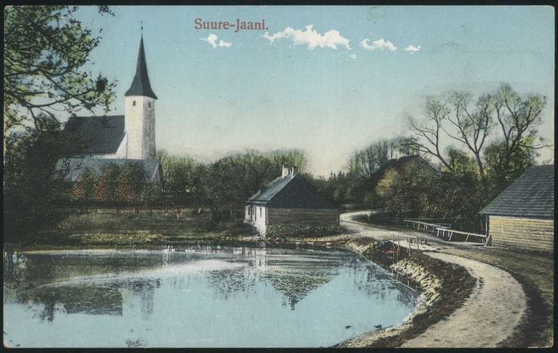 trükipostkaart, Suure-Jaani khk, Suure-Jaani, järv, kirik, koloreeritud, u 1910, J. Litteri kirjastus