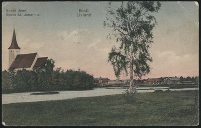 trükipostkaart, Suure-Jaani khk, Suure-Jaani, järv, kirik, alev, koloreeritud, u 1910, foto H. Kuhlbusch, A.Mutli kirjastus, trükk P.Leutendorf Riga  duplicate photo