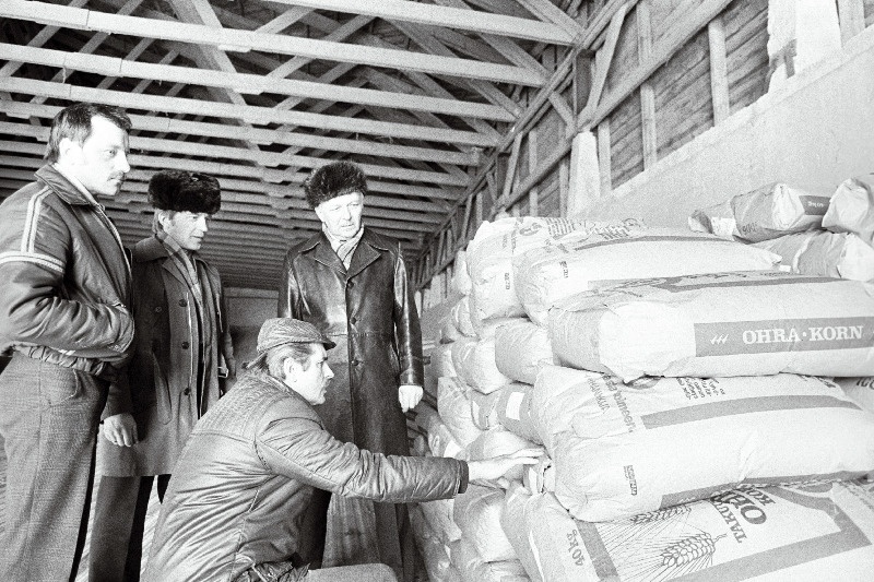 Tartu Näidissovhoosi direktor Heino Parik, Ilmatsalu osakonna juhataja Toivo Talango, sovhoosi parteikomitee sekretär Nikolai Männik ja EKP Tartu Rajoonikomitee instruktor Anton Palubinskas uurivad Soomest saadud super-eliitklassi teravilja hoidmistingimusi.