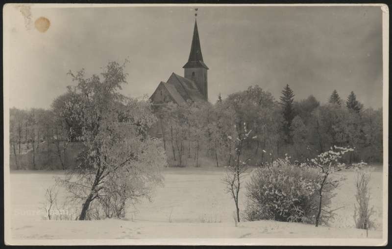 fotopostkaart, Suure-Jaani khk, Suure-Jaani, kirik, ümbrus, talv, u 1935, foto J. Gregor