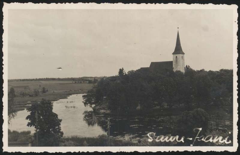 fotopostkaart, Suure-Jaani khk, Suure-Jaani, kirik, ümbrus, järv, suvi, 1937, foto A. Veidner
