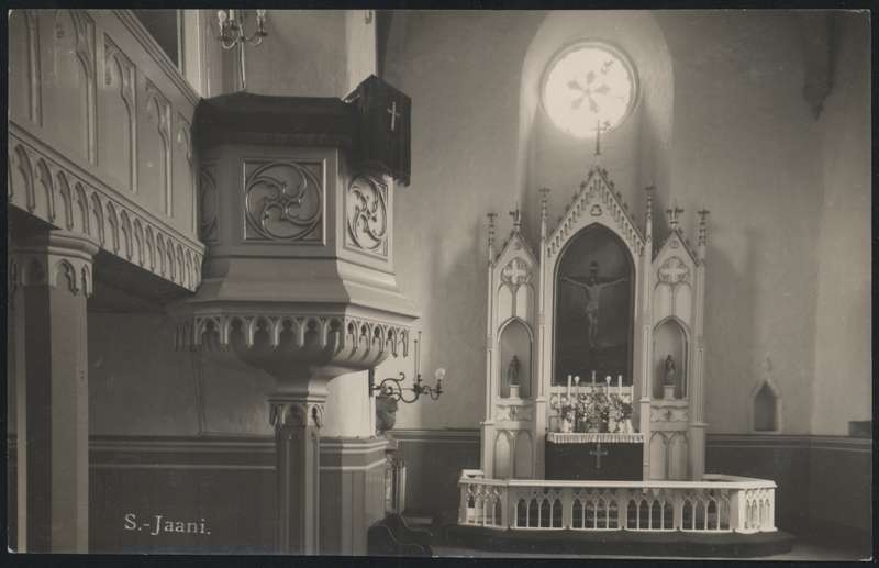fotopostkaart, Suure-Jaani khk, Suure-Jaani, kirik, sisevaade, altar, 1934