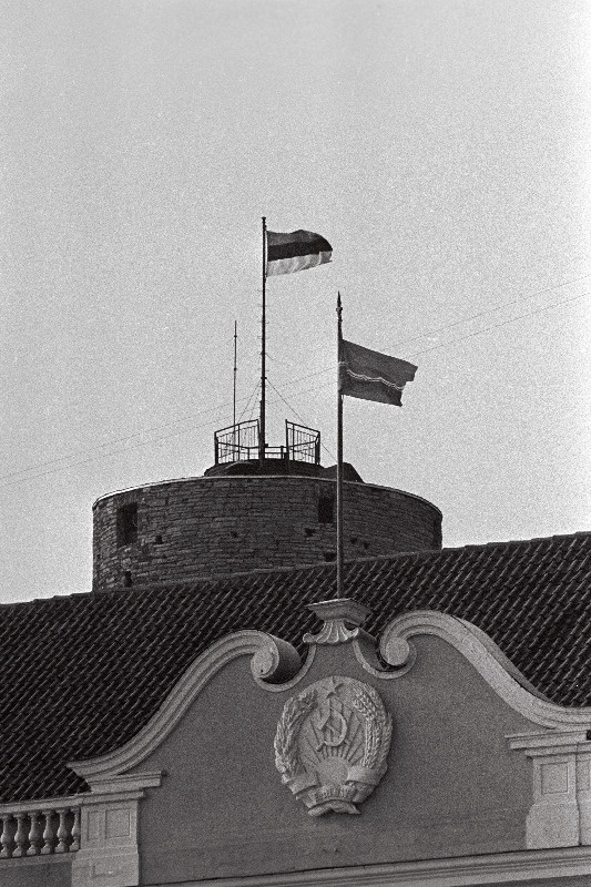 Lipp Pika Hermani tornis ja Ministrite Nõukogu hoonel.